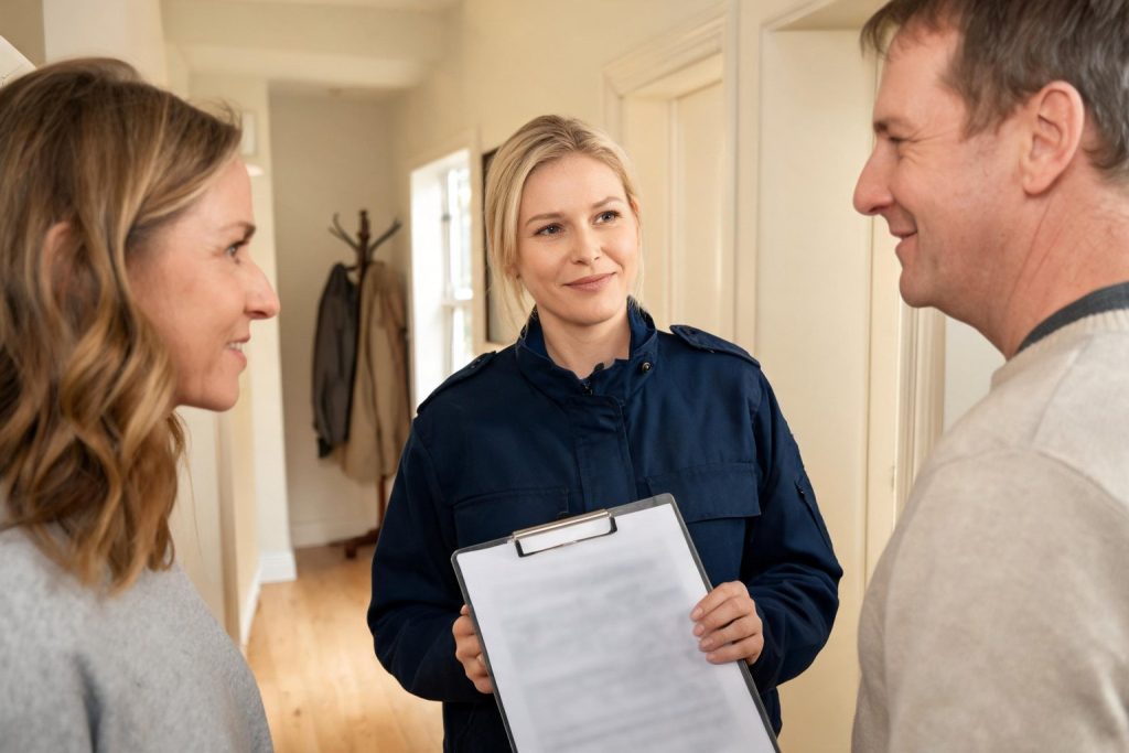 Gas engineer talking with landlords in a rented house