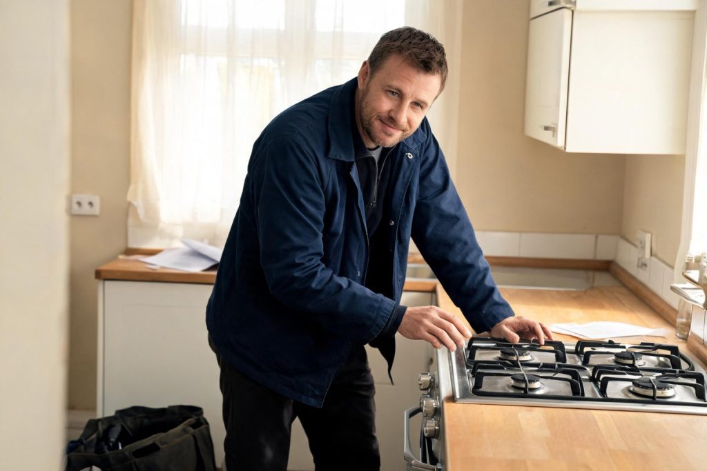 Gas engineer inspecting a gas hob in a kitchen