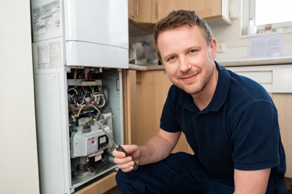 Gas engineer beside a combi boiler
