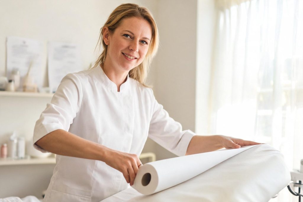 Beauty therapist preparing a treatment couch