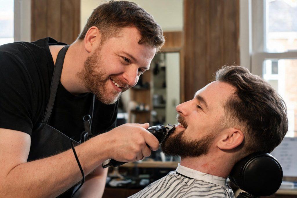 Barber trimming a client's beard with clippers