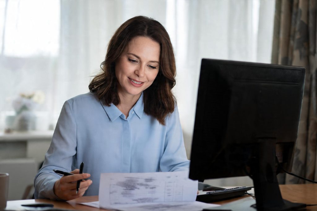 Accountant reviewing a printed spreadsheet with a pen at her desk