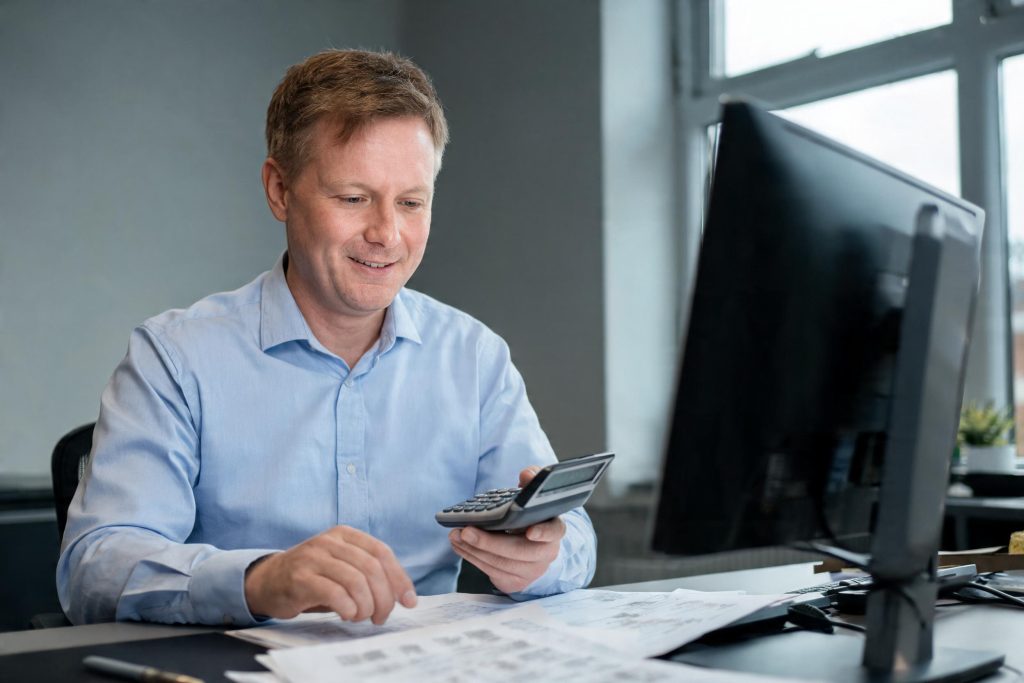 Accountant working through printed financial statements at an office desk