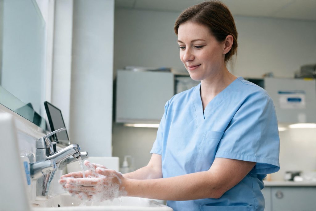 Dental nurse washing her hands at a clinical hand-wash sink
