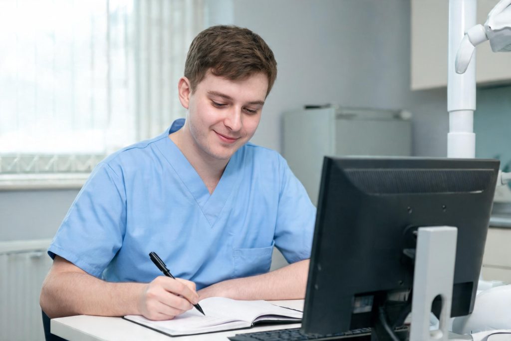 Dental nurse writing his CPD record in a notebook at a practice desk