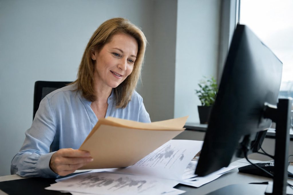 Agency administrator checking a client compliance file against paperwork
