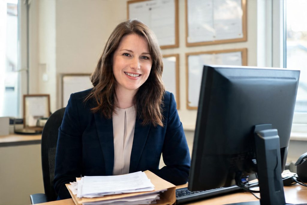 Estate agent with paperwork at a desk in a high-street agency office