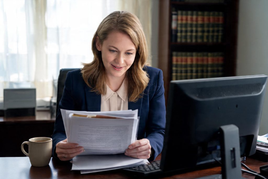 Solicitor reviewing a client file at her desk