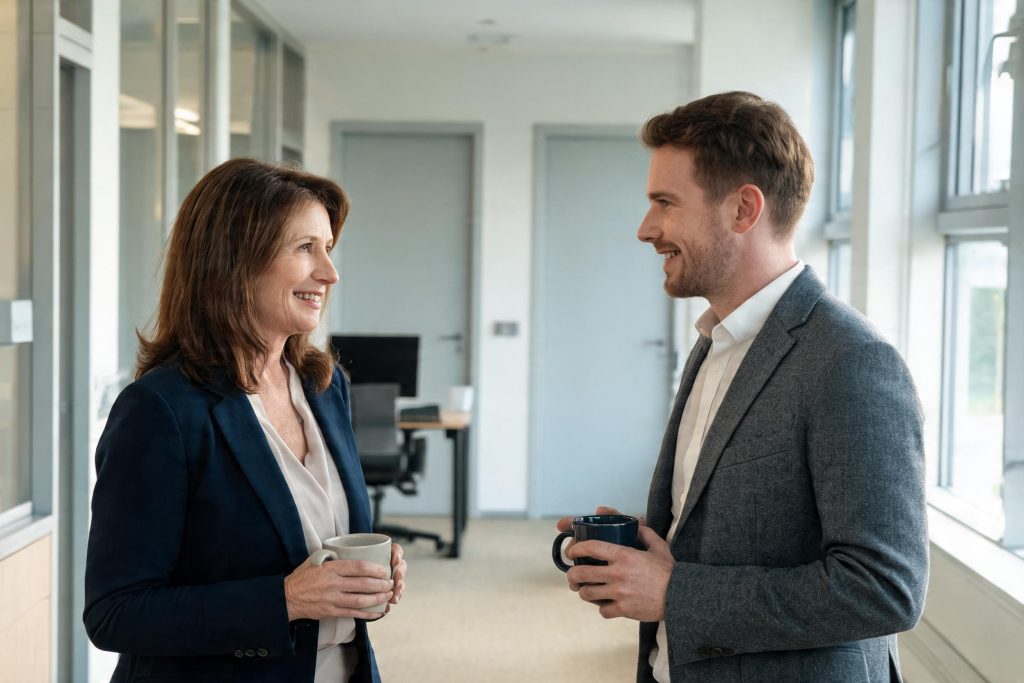 Two colleagues in a law firm talking in an office corridor