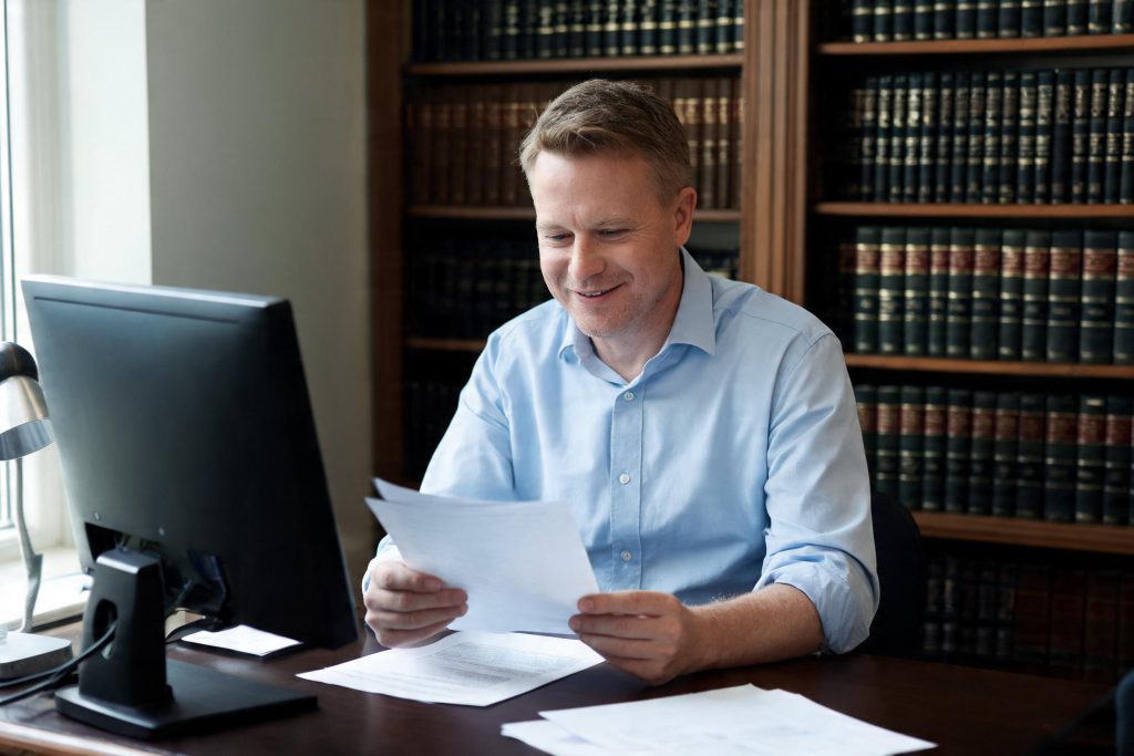 Solicitor reading a document at a desk in a UK law office