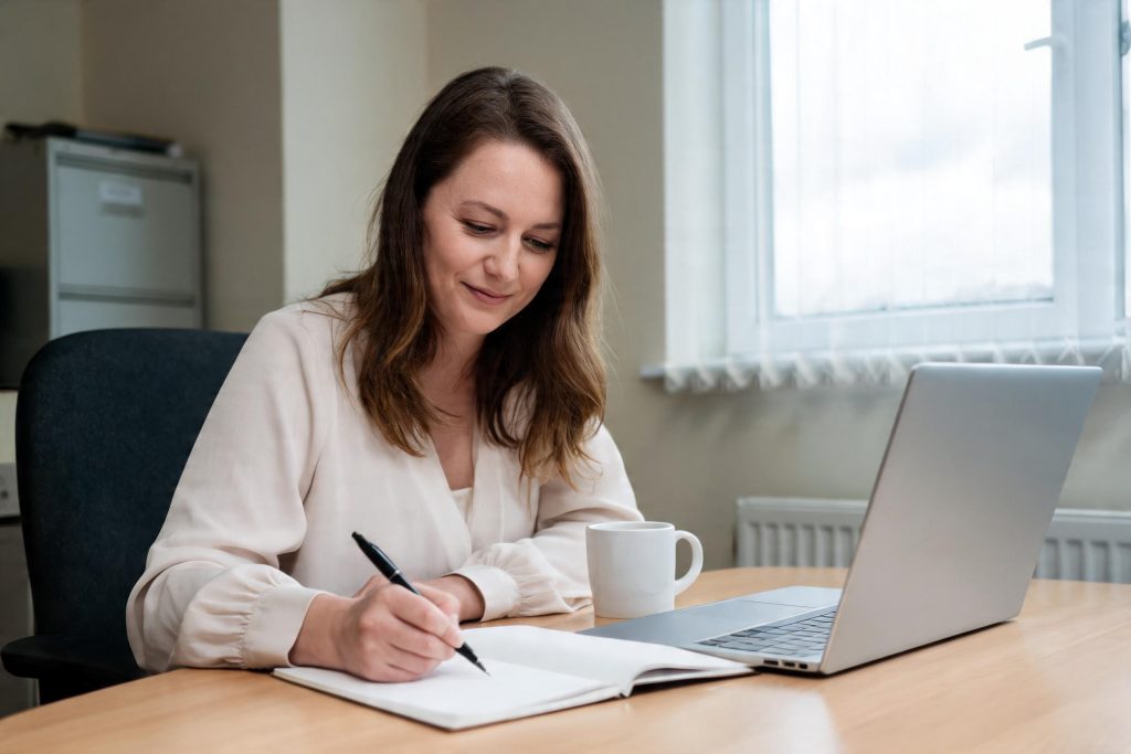 Social worker writing a reflective CPD record in a notebook at a desk