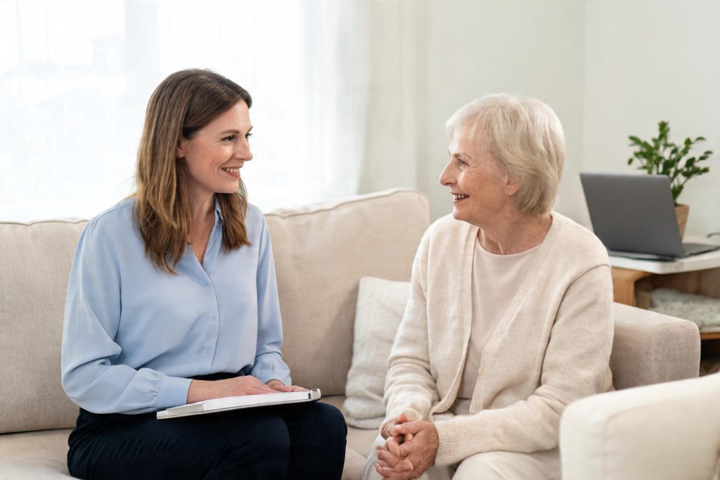 Social worker talking warmly with an older woman during a home visit