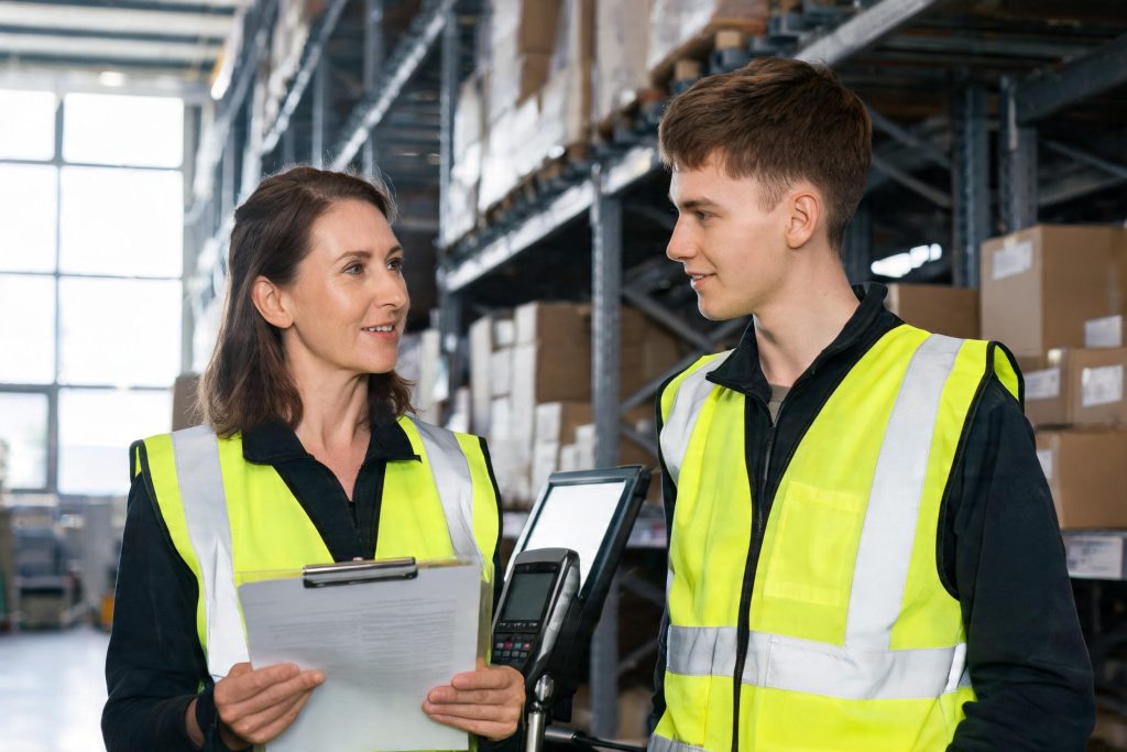 Warehouse supervisor briefing a new worker beside storage racking