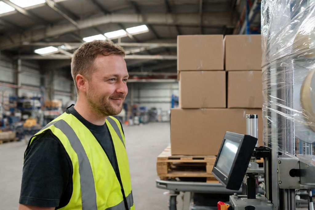 Warehouse worker checking a stretch-wrap machine beside a pallet of boxes