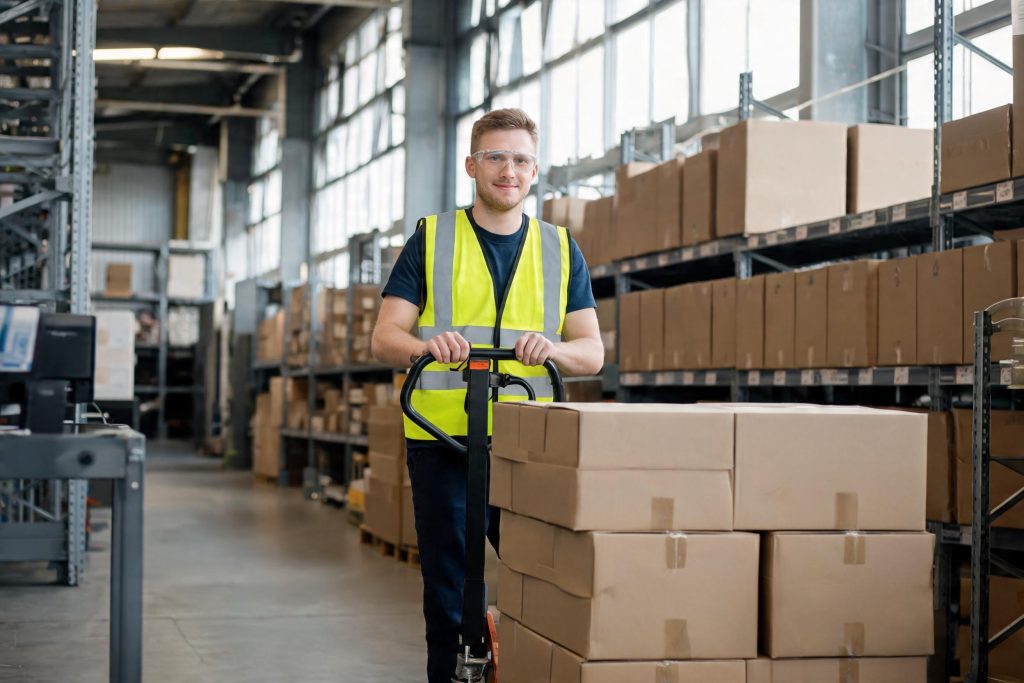Warehouse operative moving a loaded pallet with a manual pallet truck